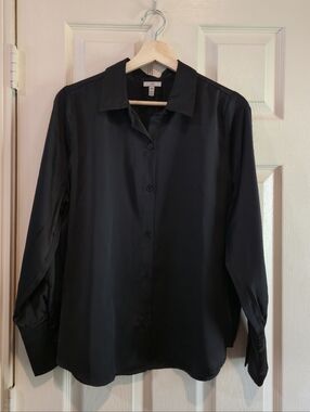 NWT Joie Black Satin Blouse Medium  Button Front Dark Academia Minimalist